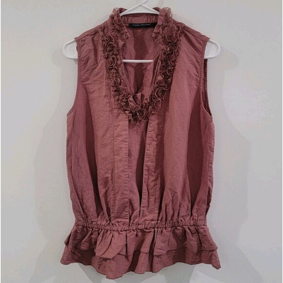 Elena Solano Womens Top Size Medium Linen Blend Pink Ruffle Boho - Picture 1 of 6